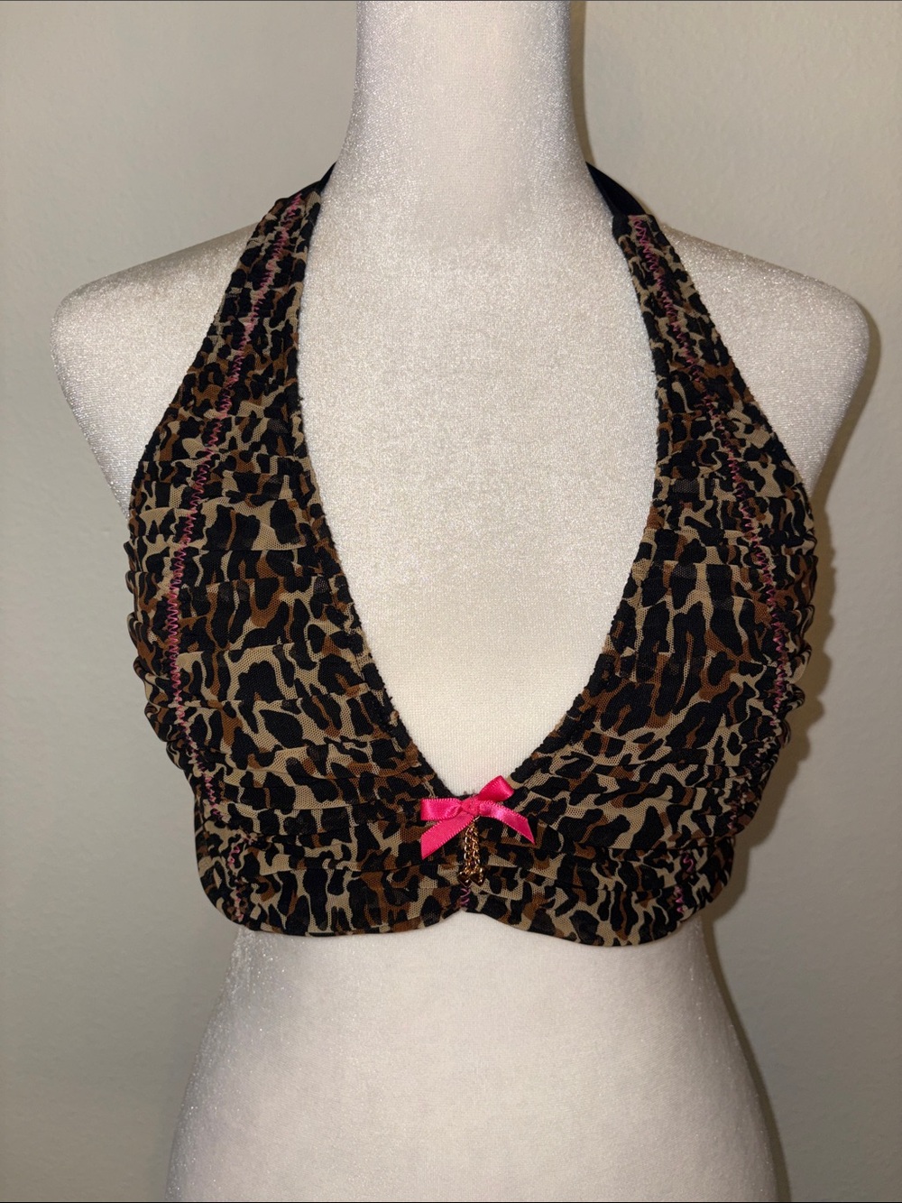 Betsey Johnson vintage Y2K Leopard Print Halter Bikini Top with Pink Bow